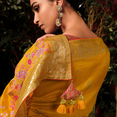 Saffron Yellow Woven Banarasi Silk Saree With Brocade Blouse