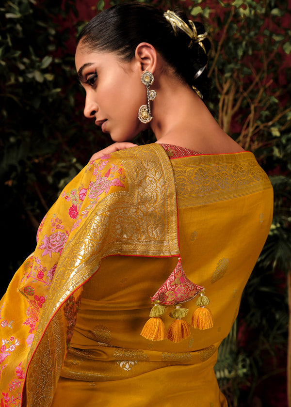 Saffron Yellow Woven Banarasi Silk Saree With Brocade Blouse