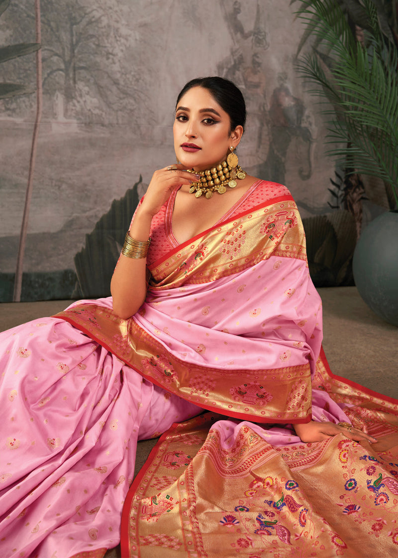 Baby Pink Woven Paithani Silk Saree