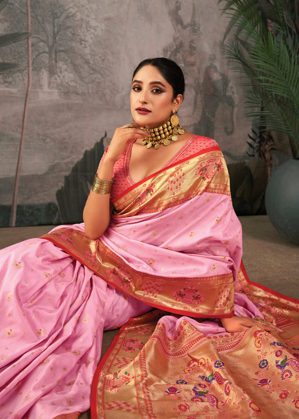 Baby Pink Woven Paithani Silk Saree