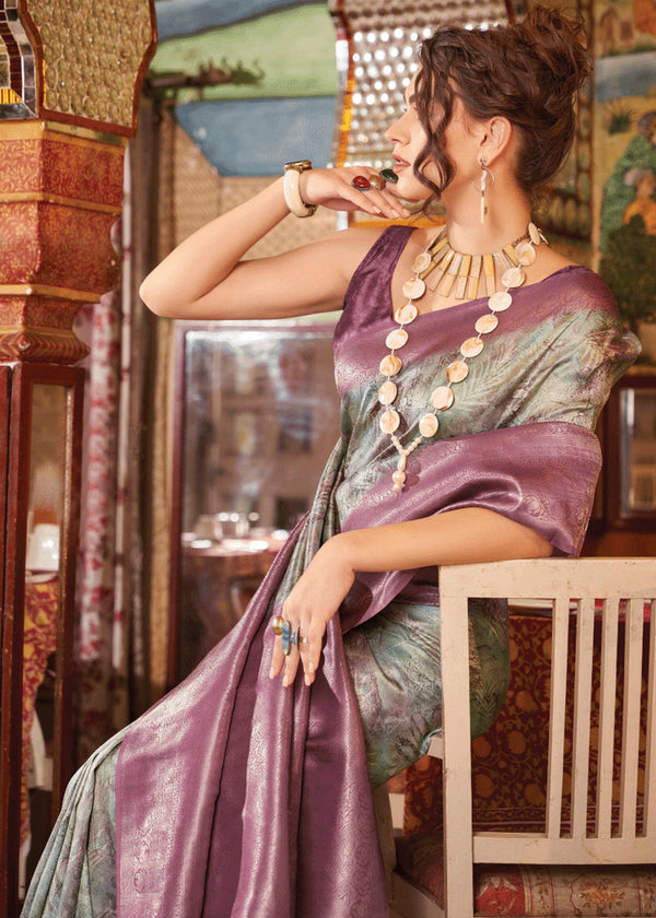 Mauve Purple Banarasi Silk Saree With Digital Print