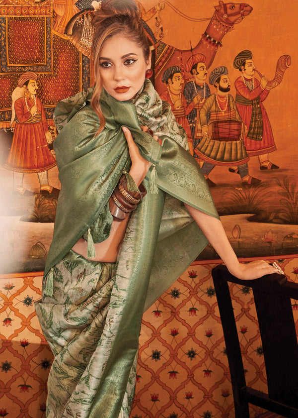 Olive Green Banarasi Silk Saree With Digital Print