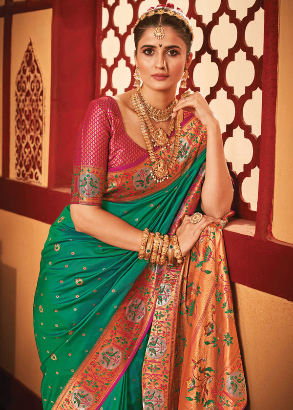 Emerald Green Woven Paithani Silk Saree