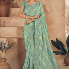 Tea Green Heavy Embroidered Designer Silk Saree