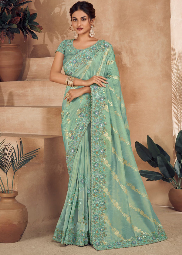 Tea Green Heavy Embroidered Designer Silk Saree