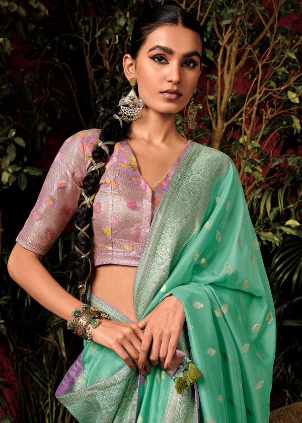 Aquamarine Green Woven Banarasi Silk Saree With Brocade Blouse