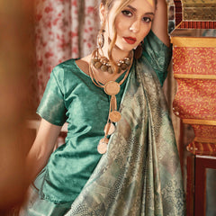 Saga Green Banarasi Silk Saree With Digital Print
