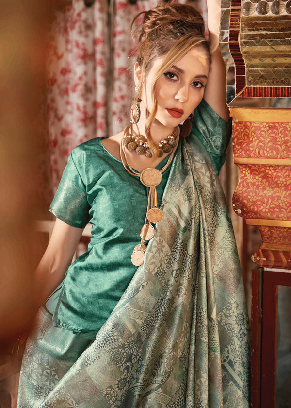 Saga Green Banarasi Silk Saree With Digital Print