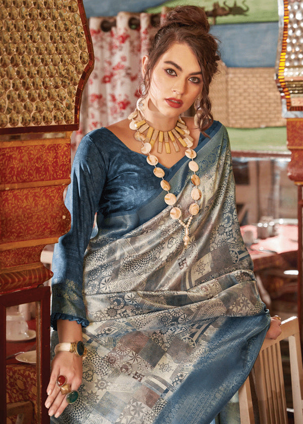 Midnight Blue Banarasi Silk Saree With Digital Print