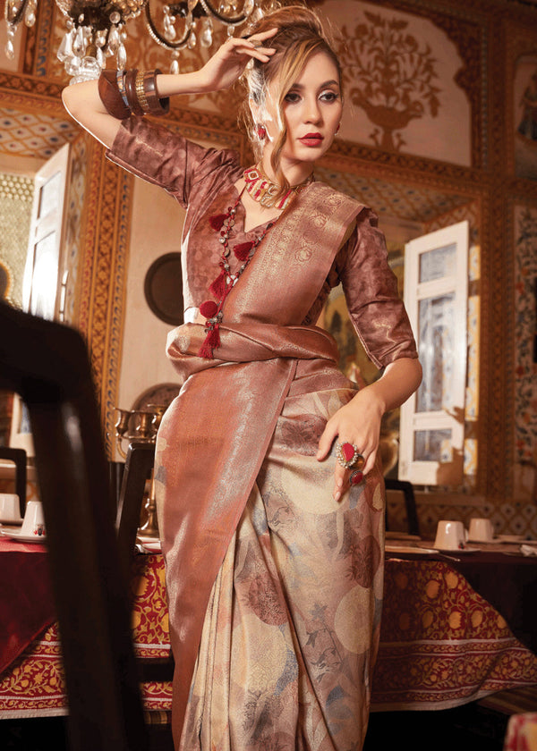 Chocolate Brown Banarasi Silk Saree With Digital Print