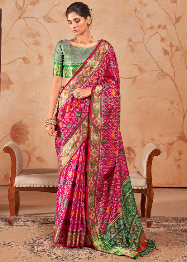 Magenta Pink Woven Patola Soft Silk Saree
