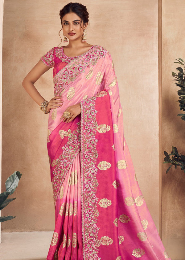 Dual Shaded Pink Heavy Embroidered Designer Silk Saree