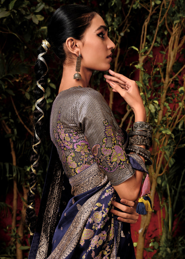Twilight Blue Woven Banarasi Silk Saree With Brocade Blouse