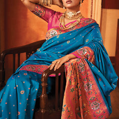 Coral Blue Woven Paithani Silk Saree