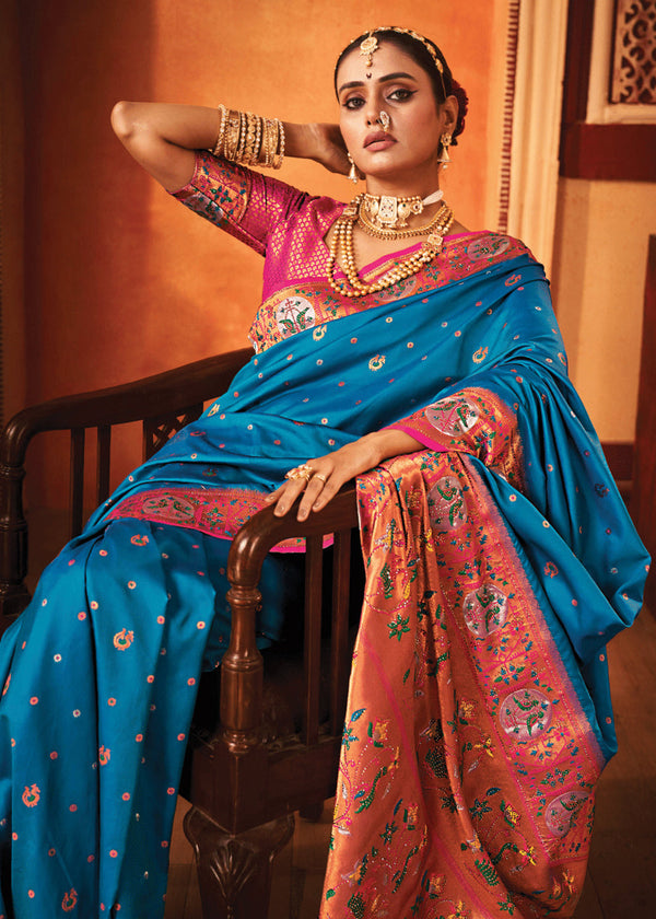 Coral Blue Woven Paithani Silk Saree