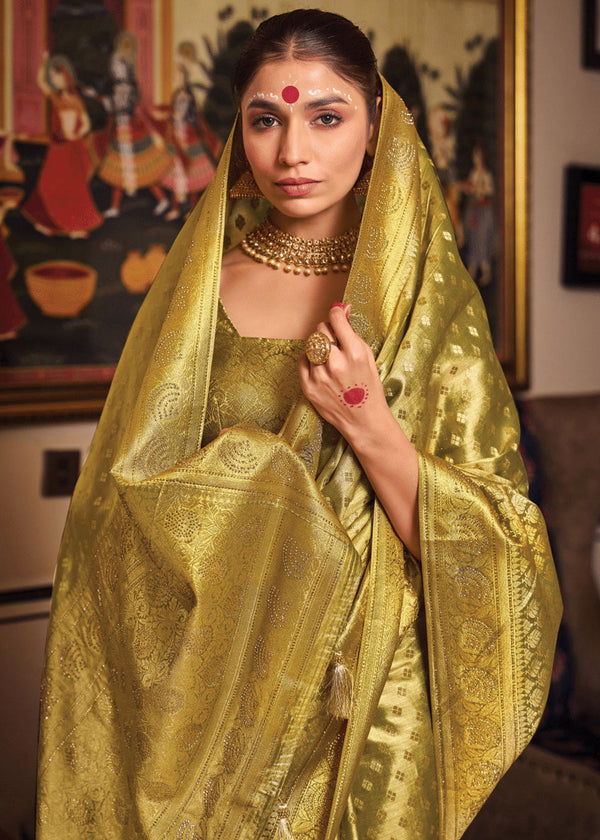Mehndi Green Woven Banarasi Brocade Tissue Silk Saree