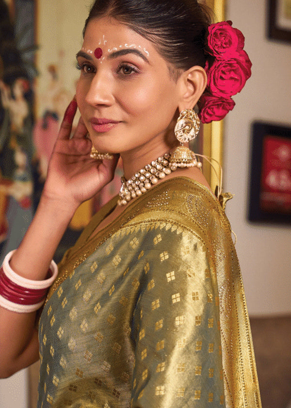 Sage Green Woven Banarasi Brocade Tissue Silk Saree
