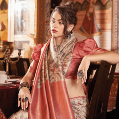 Sand Beige Banarasi Silk Saree With Digital Print