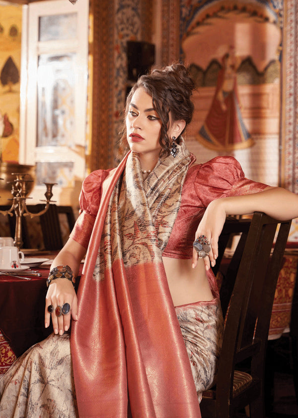 Sand Beige Banarasi Silk Saree With Digital Print