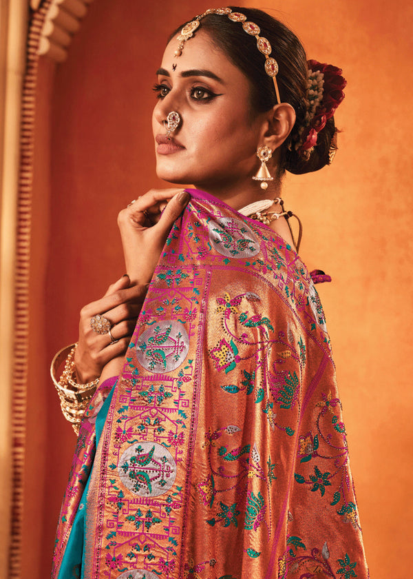 Teal Blue Woven Paithani Silk Saree