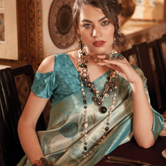 Mineral Blue Banarasi Silk Saree With Digital Print