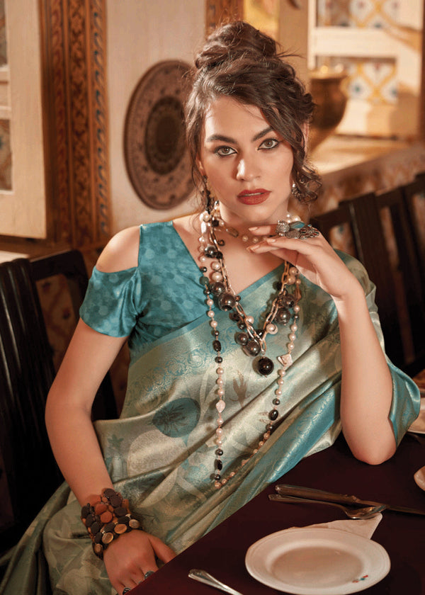 Mineral Blue Banarasi Silk Saree With Digital Print