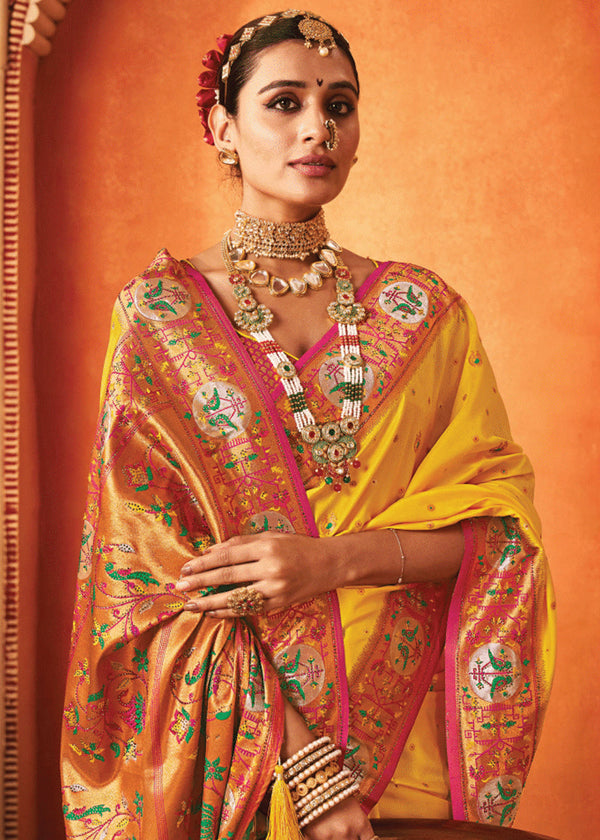 Vibrant Yellow Woven Paithani Silk Saree