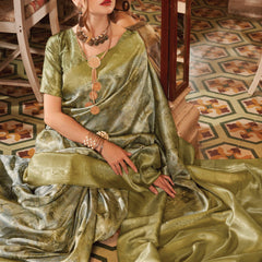 Moss Green Banarasi Silk Saree With Digital Print