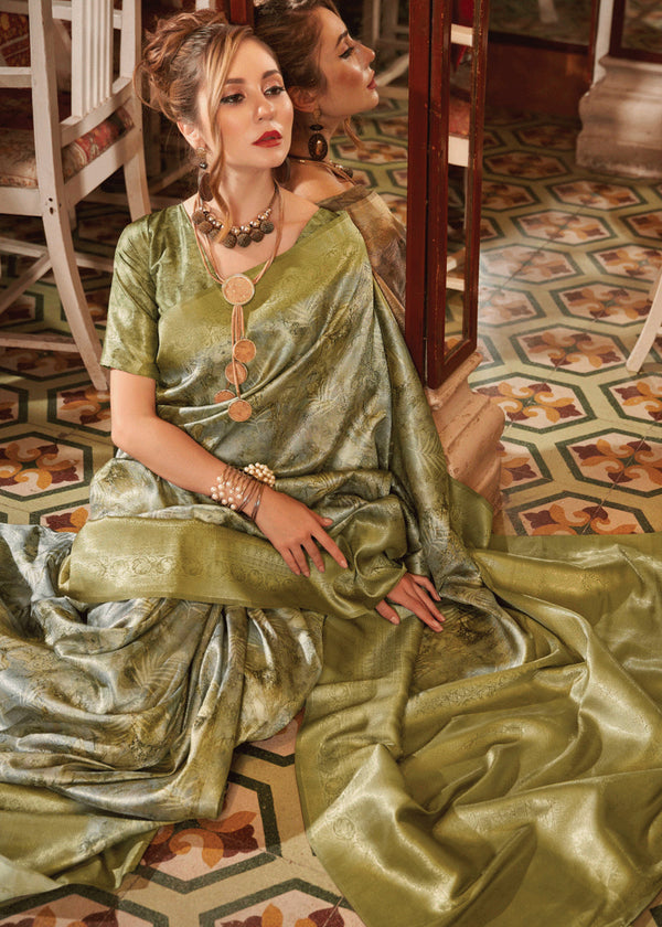 Moss Green Banarasi Silk Saree With Digital Print