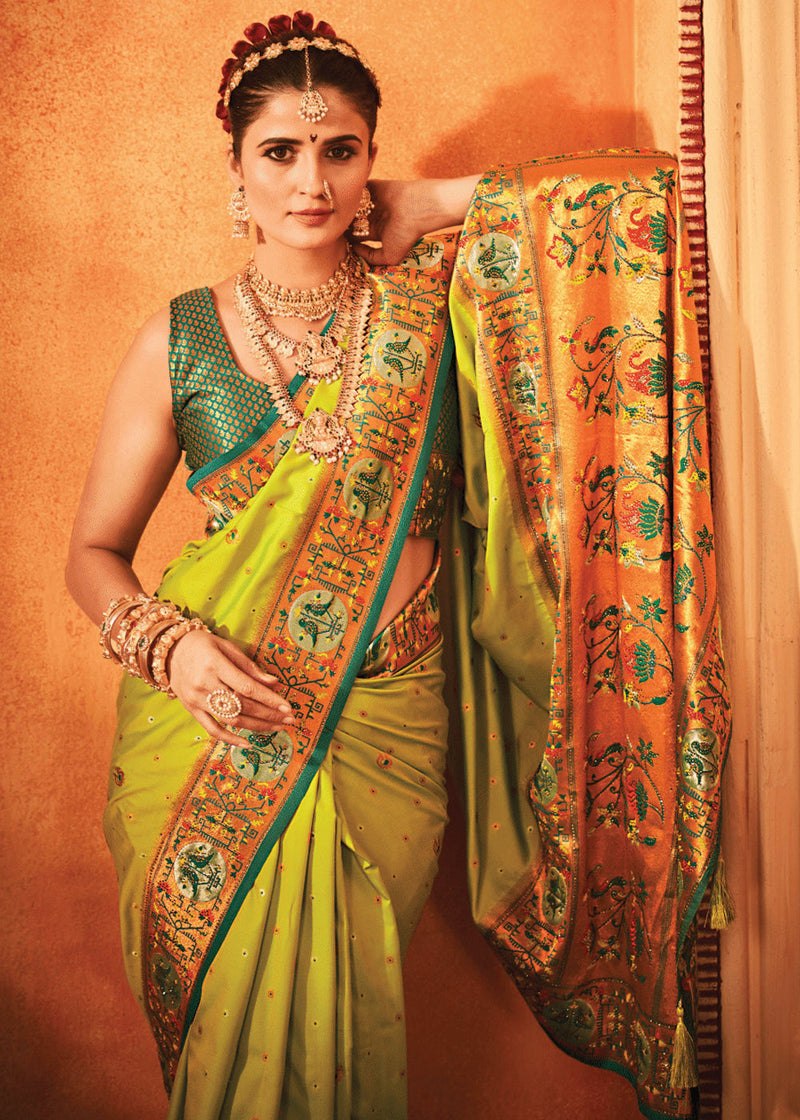Lime Green  Woven Paithani Silk Saree