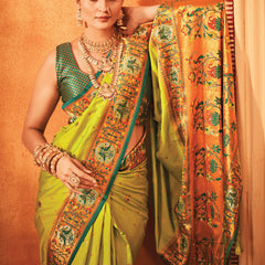 Lime Green  Woven Paithani Silk Saree