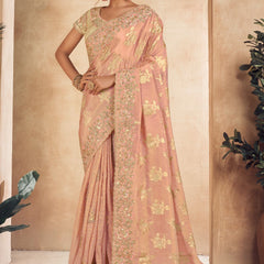 Salmon Pink Heavy Embroidered Designer Silk Saree
