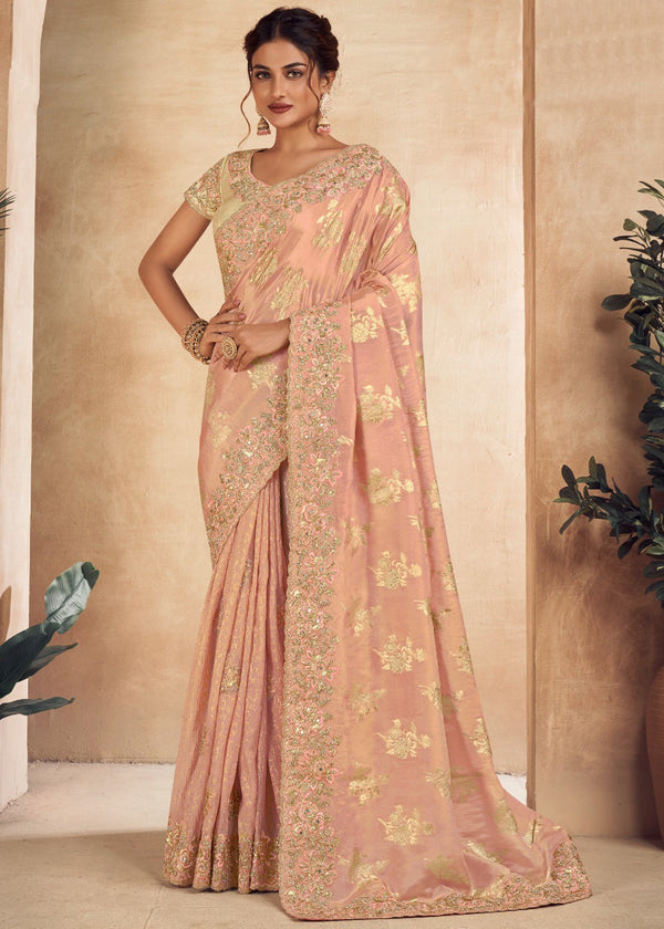 Salmon Pink Heavy Embroidered Designer Silk Saree