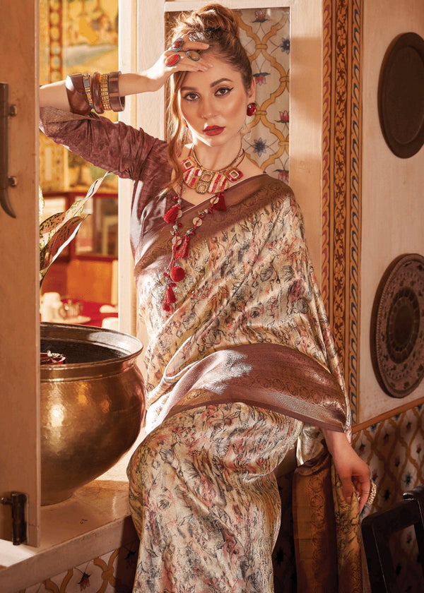Coffee Brown Banarasi Silk Saree With Digital Print
