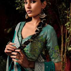 Antique Green Woven Banarasi Silk Saree With Brocade Blouse