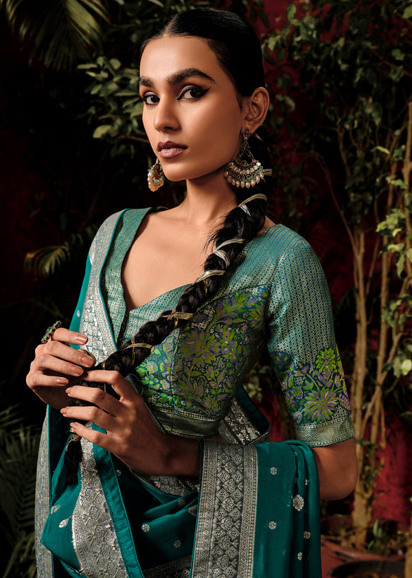 Antique Green Woven Banarasi Silk Saree With Brocade Blouse
