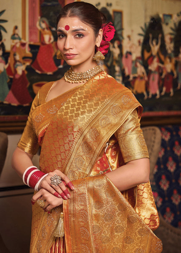 Sunset Orange Woven Banarasi Brocade Tissue Silk Saree