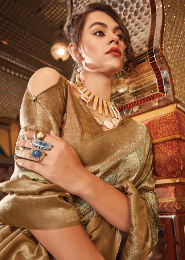 Wood Brown Banarasi Silk Saree With Digital Print