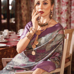 Rich Purple Banarasi Silk Saree With Digital Print