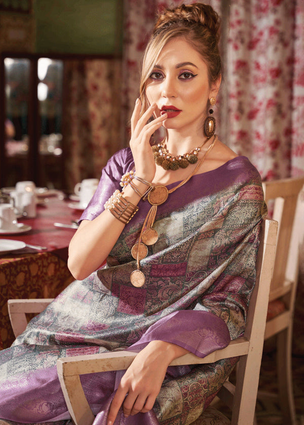 Rich Purple Banarasi Silk Saree With Digital Print