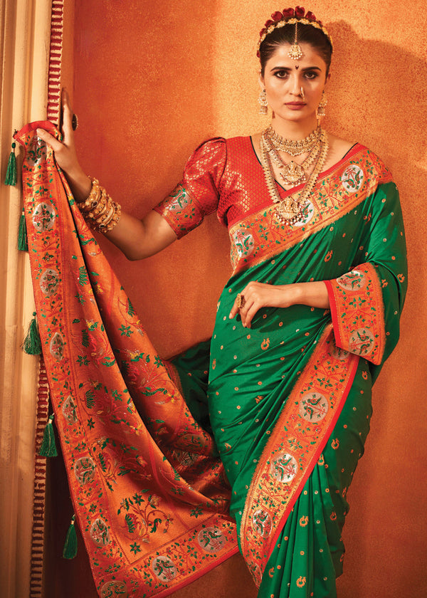 Festive Green Woven Paithani Silk Saree