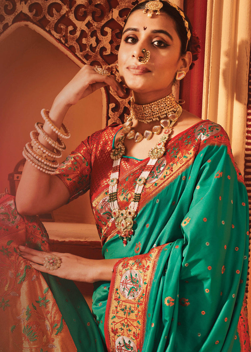 Antique Green Woven Paithani Silk Saree