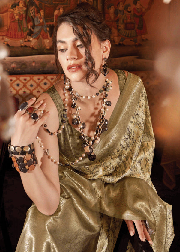 Antique Golden Green Banarasi Silk Saree With Digital Print