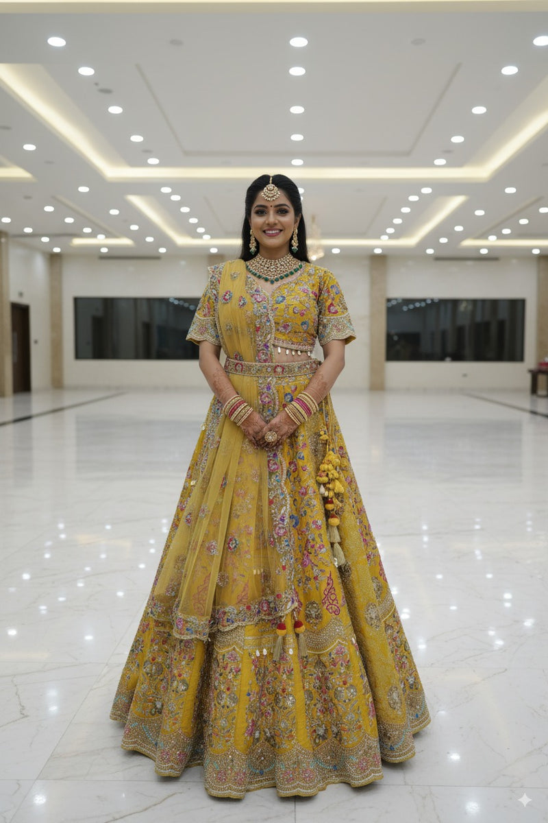 Lehenga chunni set  Mustard yellow color  Brocket silk fabric  Meenakari antique work 