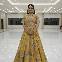 Lehenga chunni set  Mustard yellow color  Brocket silk fabric  Meenakari antique work 