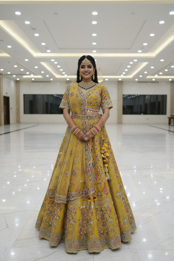 Lehenga chunni set  Mustard yellow color  Brocket silk fabric  Meenakari antique work 
