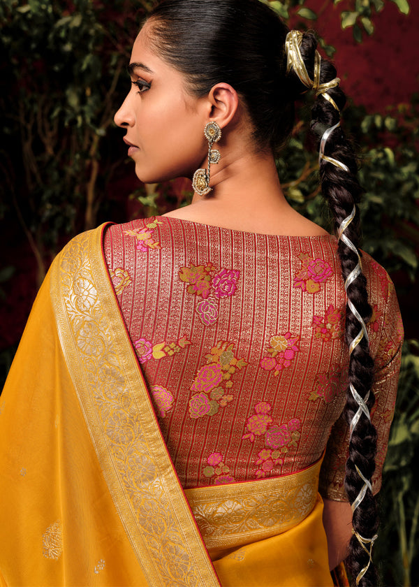 Saffron Yellow Woven Banarasi Silk Saree With Brocade Blouse