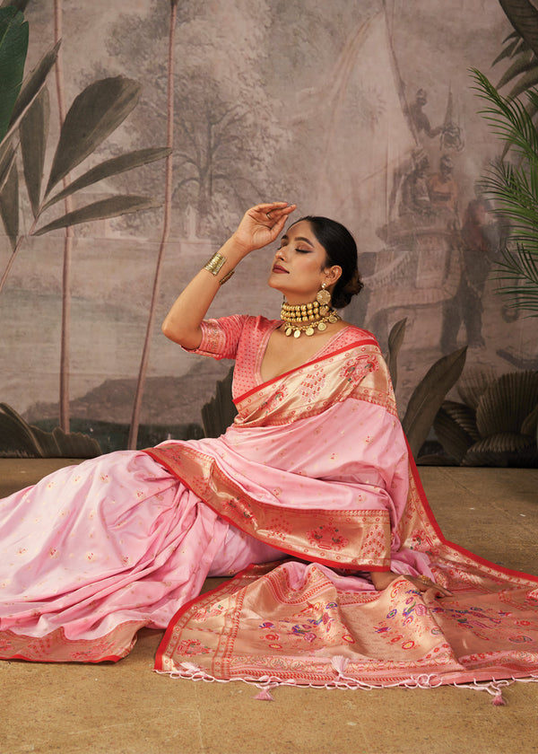 Baby Pink Woven Paithani Silk Saree