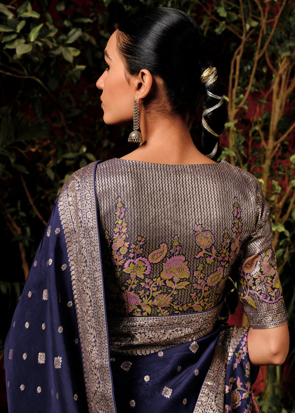 Twilight Blue Woven Banarasi Silk Saree With Brocade Blouse