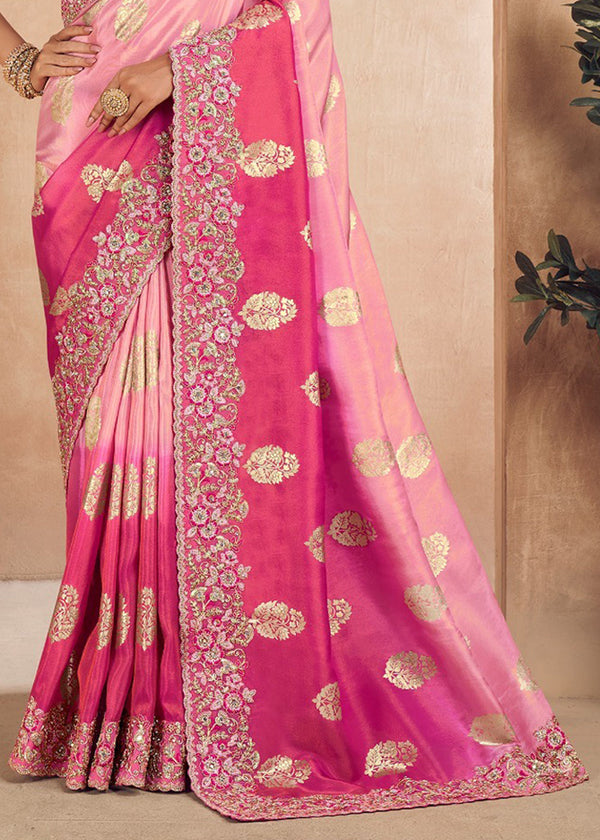 Dual Shaded Pink Heavy Embroidered Designer Silk Saree